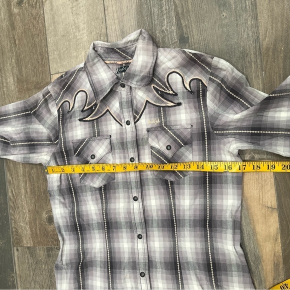 Cruel Girl Pearl Snap Western Plaid Shirt Sz Small Gray, Pink Embordiery Yoke - Picture 6 of 8